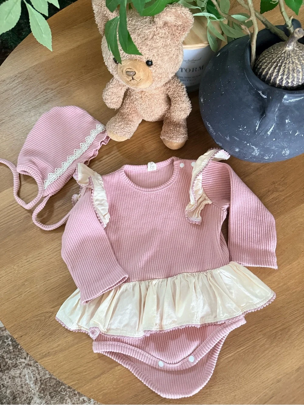 Pink Ribbed Ruffle Baby One-Piece with Cream Skirt & Bonnet